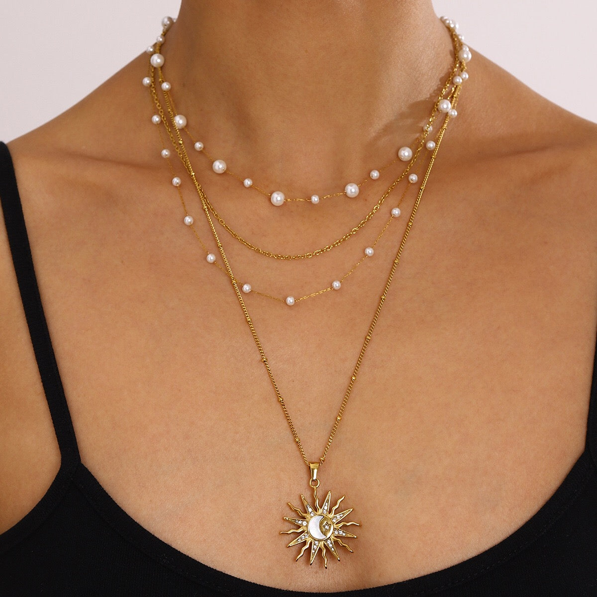 18K Gold Bright Sun Pendant Statement Long Necklace