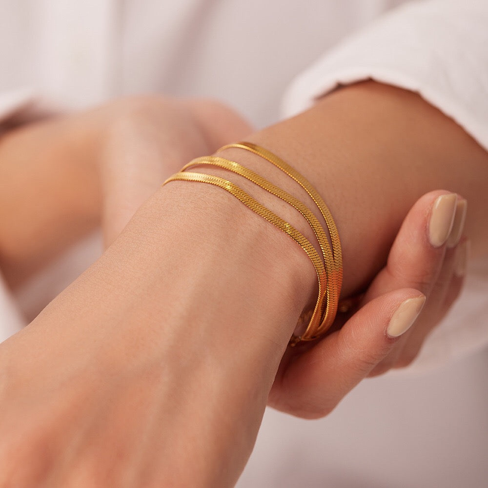 18K Gold Herringbone Snake Triple Chain Bracelet Stack