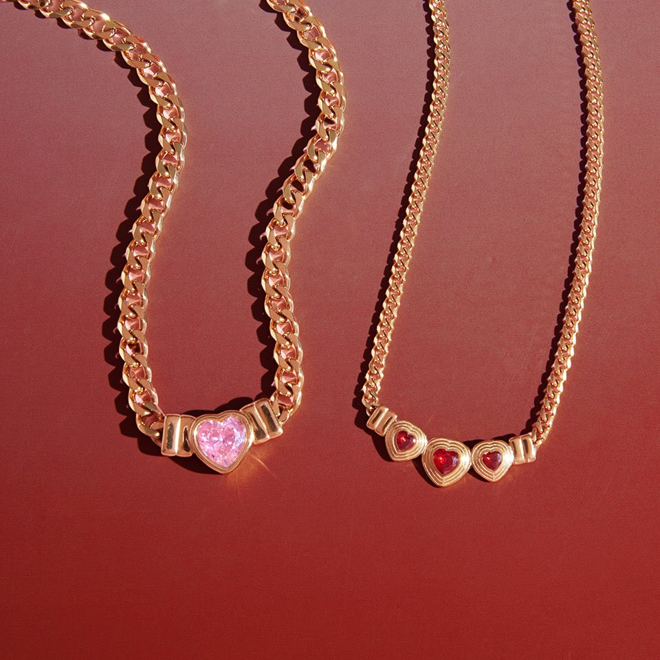 18K Gold Crimson Crush Red Pink Heart Cuban Link Chain Necklace