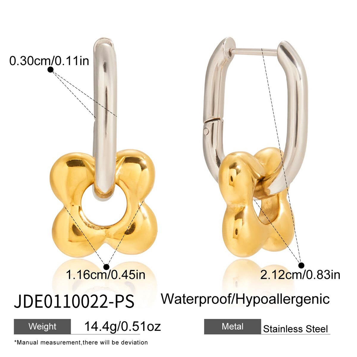 18K Gold and Silver Two Tone Flower Small Hoop Dangle Huggie Earrings