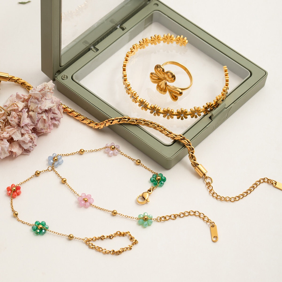 18K Gold Waterproof Color Beaded Flower Hand Chain Bracelet