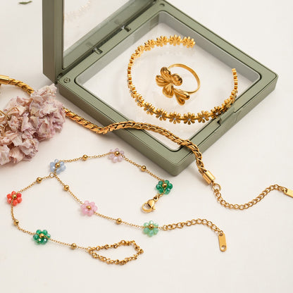 18K Gold Waterproof Color Beaded Flower Hand Chain Bracelet