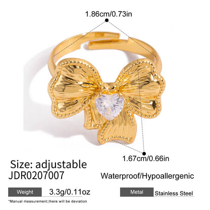 18K Gold Ribboned Elegance Bow Heart Statement Ring