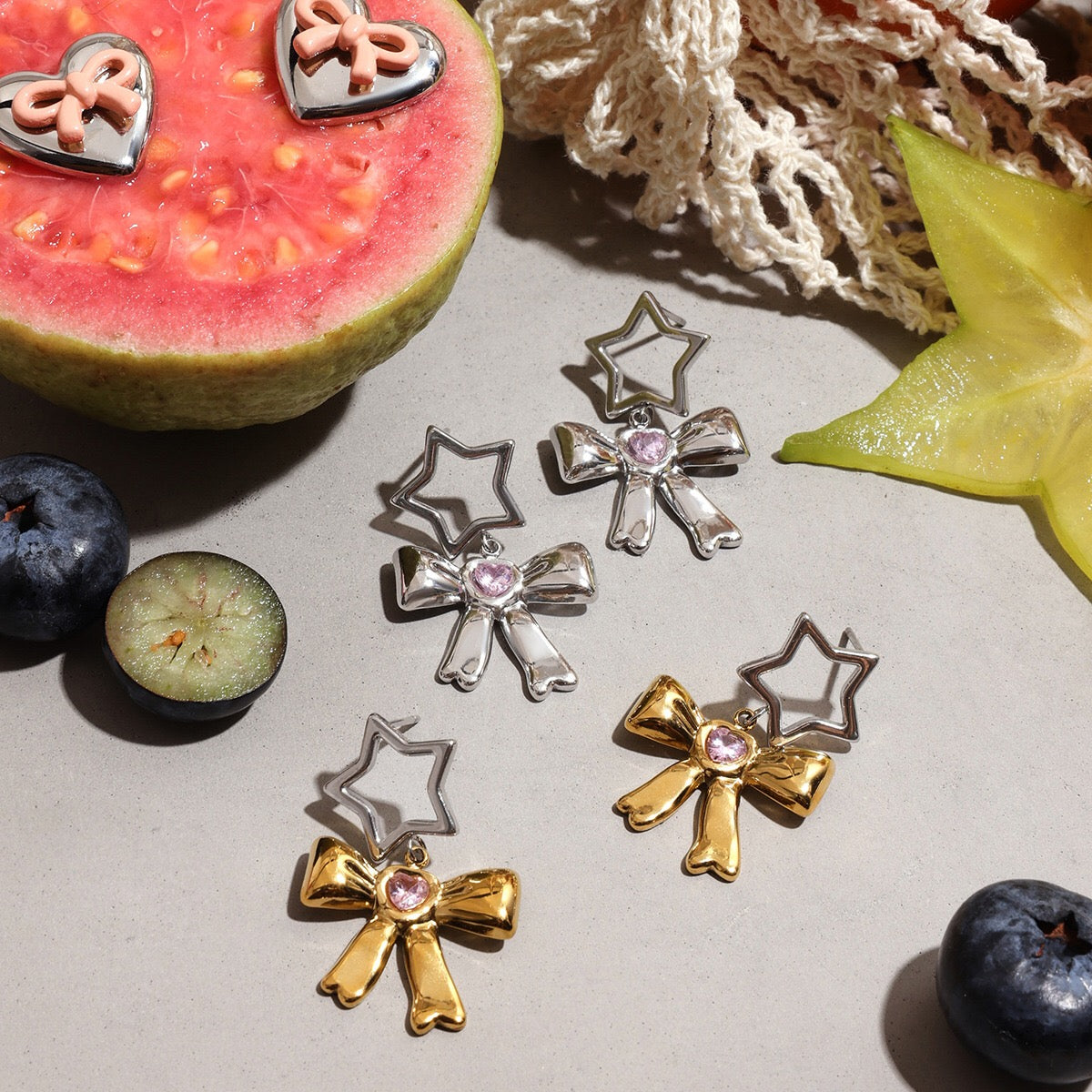 18K Gold Silver Star Pink Jewel Bow Statement Stud Dangle Earrings