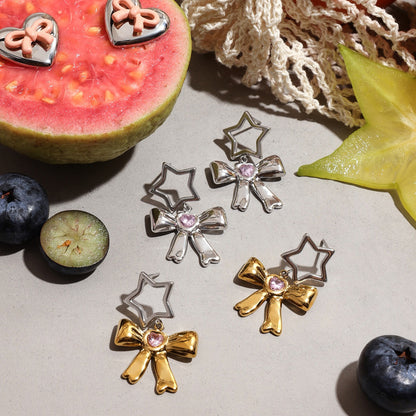 18K Gold Silver Star Pink Jewel Bow Statement Stud Dangle Earrings
