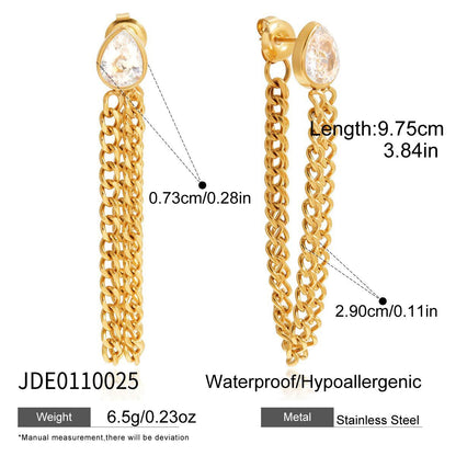 18K Gold Soft Sway Chain Drop Dangle CZ Stud Earrings