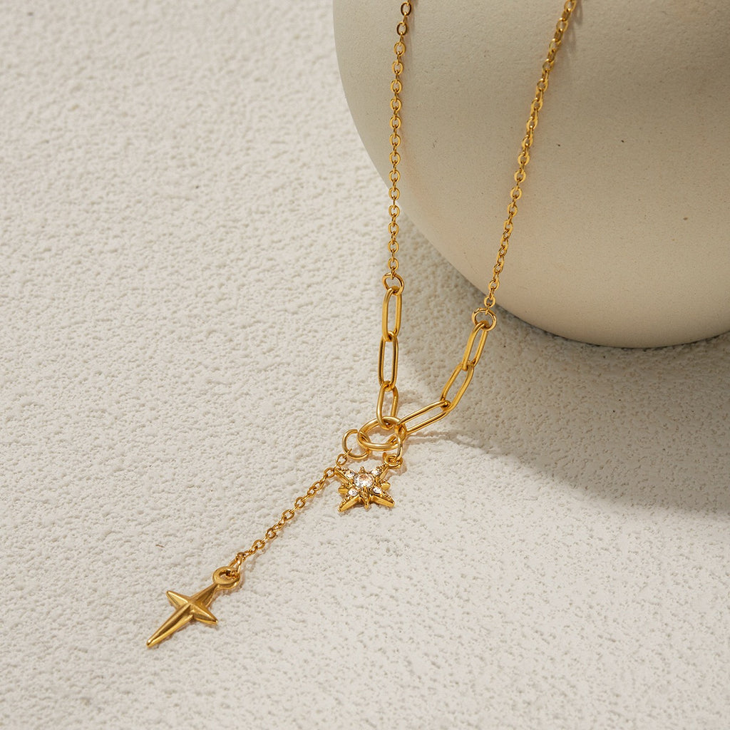 18K Gold Starry Y Shape Pendant Heart Tennis Chain Paperclip Layered Necklace Set