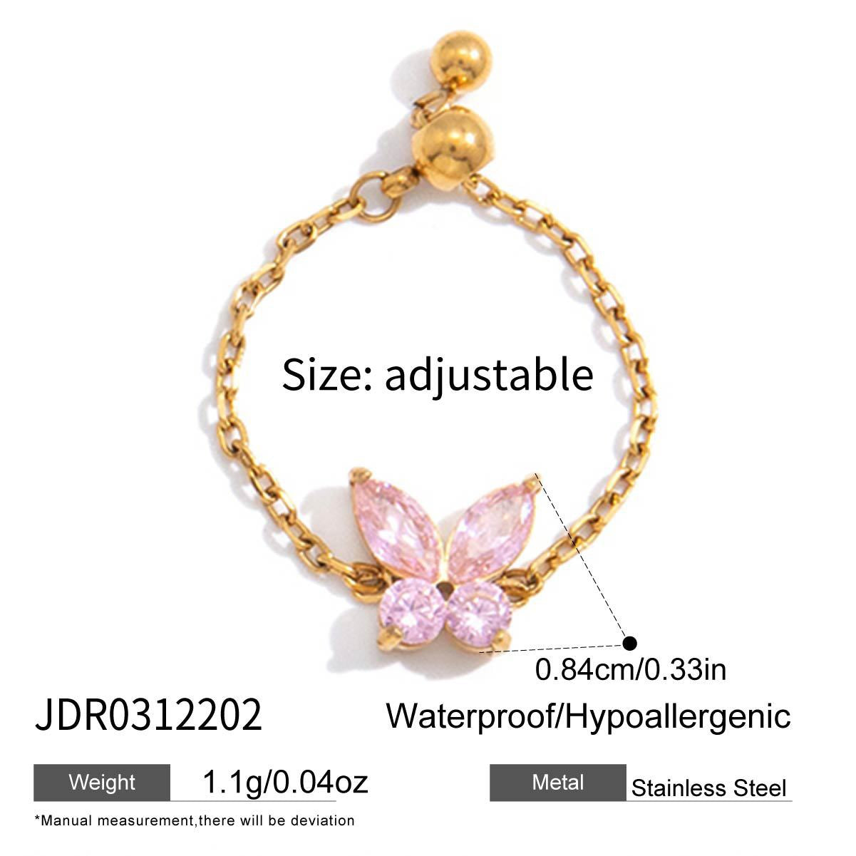 18K Gold Daydream Pink Butterfly Color Stones Adjustable Chain Ring