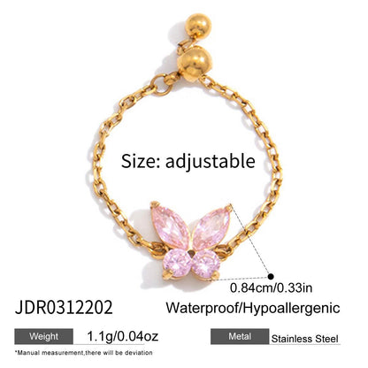 18K Gold Daydream Pink Butterfly Color Stones Adjustable Chain Ring