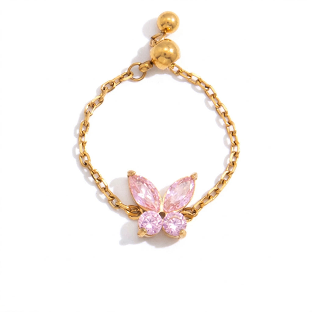 18K Gold Daydream Pink Butterfly Color Stones Adjustable Chain Ring