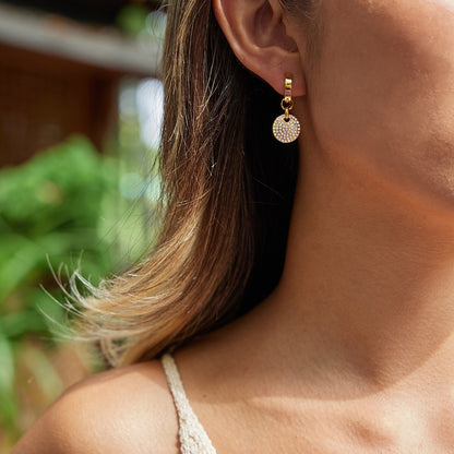 18K Gold Swinging sparkle Pave Disc Small Hoop Dangle Huggie Earrings