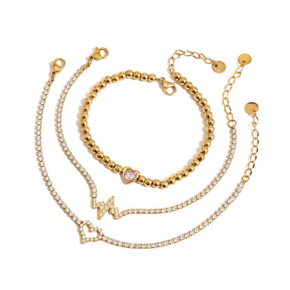18K Gold Dreamy Bling Heart Bow Tennis Chain Bracelet Stack