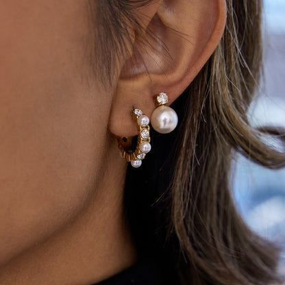18K Gold Bling Pearl Small Hoop Huggie Earrings