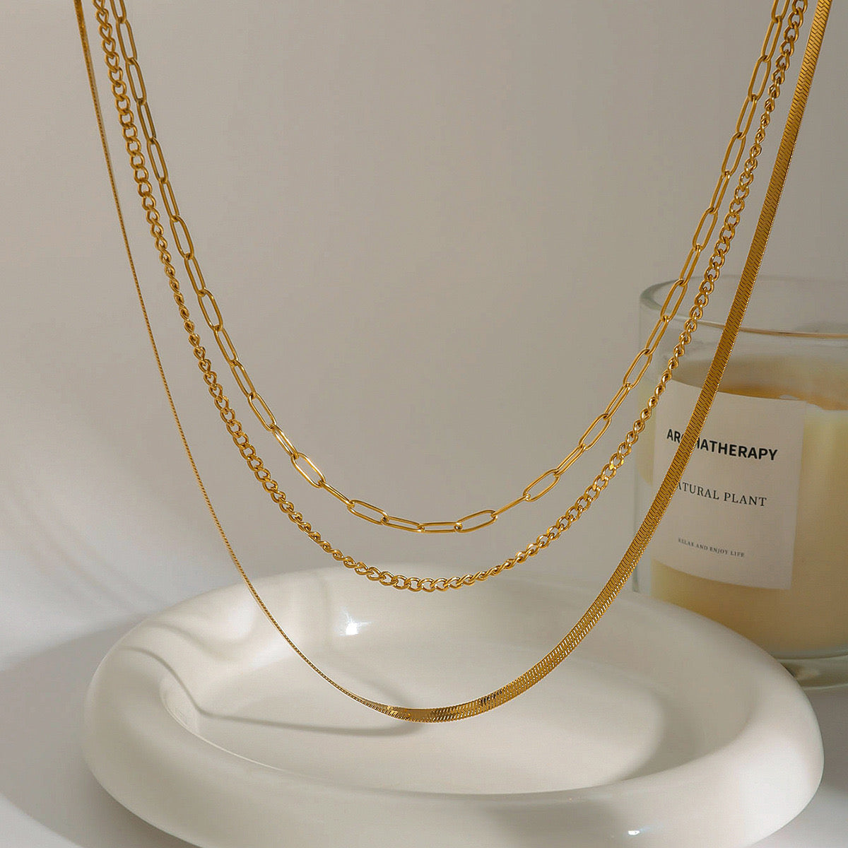 18K Gold Herringbone Snake Chain Paperclip Layered Necklace Set