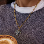 18K Gold Zebra Print Heart Pedant Paper Clip Chain Beaded Pearl Layered Necklace Set