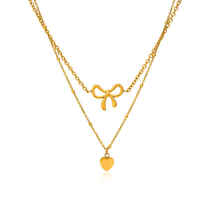 18K Gold Dainty Heart Bow Pendant Double Chain Layered Necklace Set