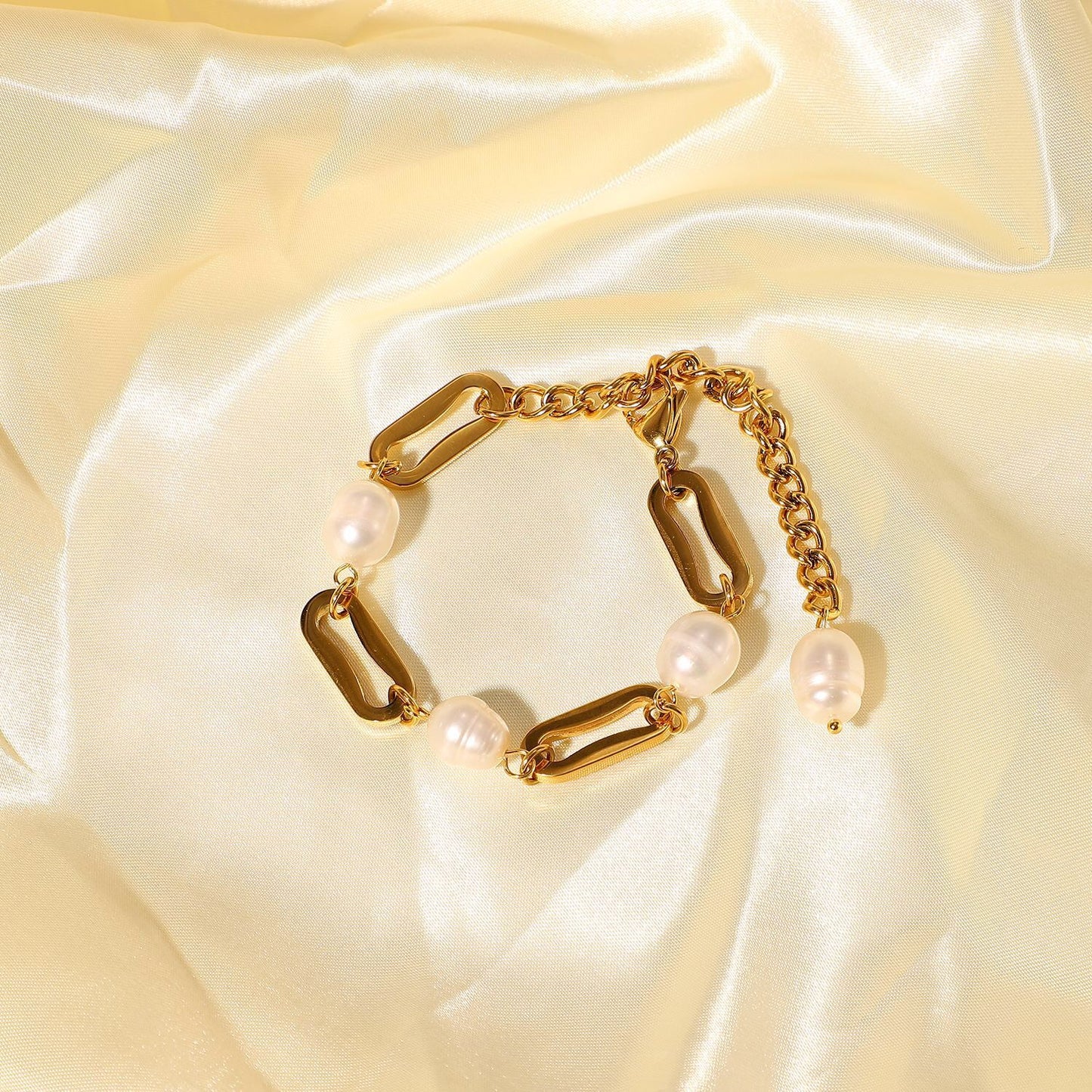 18K Gold Elegant Harmony Pearl Paperclip Chain Bracelet Stack