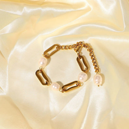 18K Gold Elegant Harmony Pearl Paperclip Chain Bracelet Stack