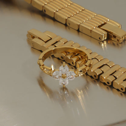 18K Gold Four Leaf Clover Flower Chain Band Stacking Ring