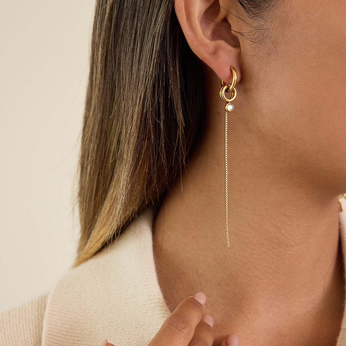 18K Gold Elite Long Drop Small Hoop Huggie Earrings