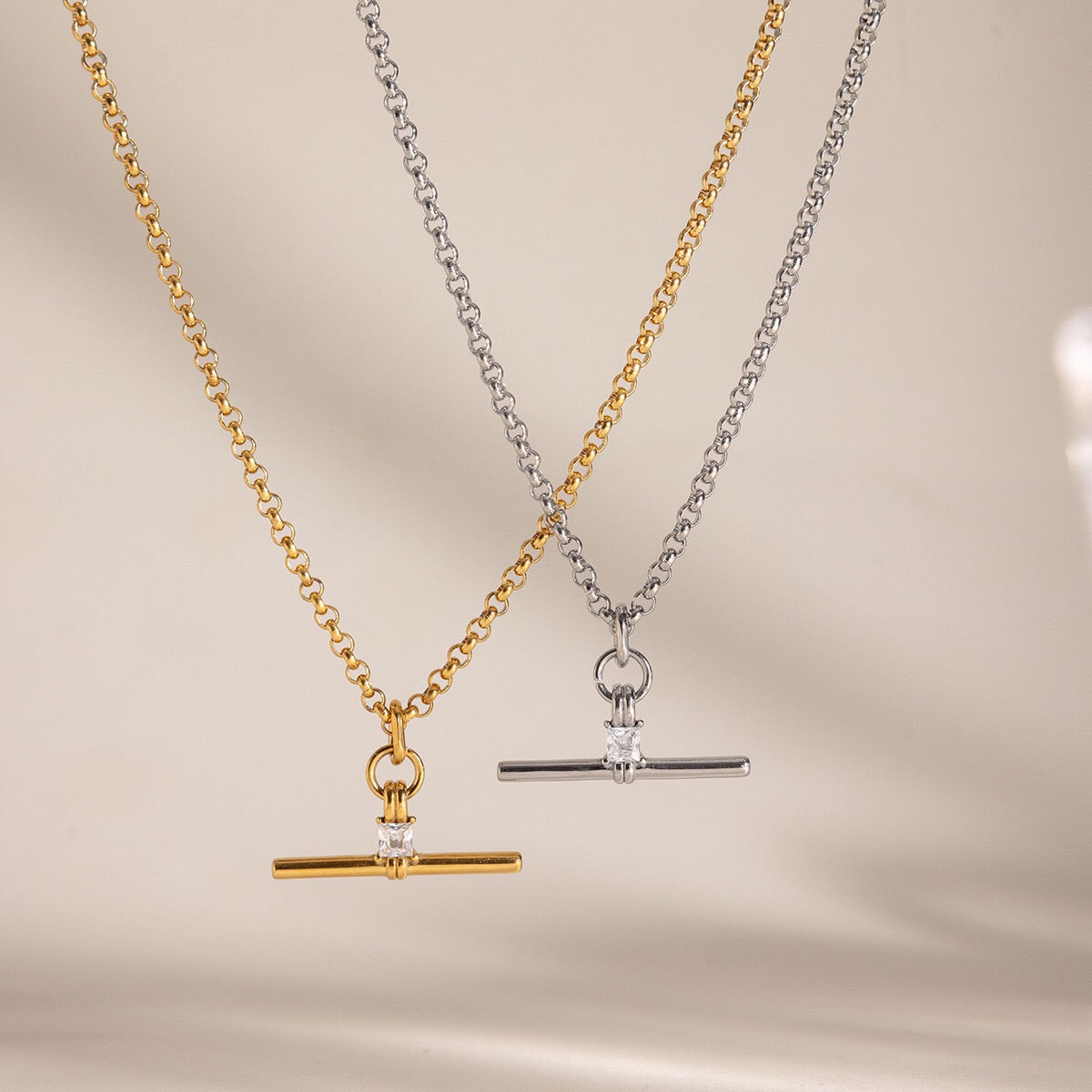 18K Gold and Silver Downtown T-Bar Statement Pendant Necklace