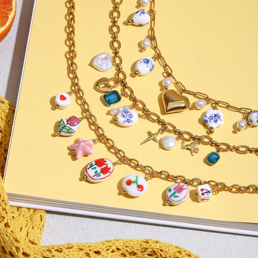 18K Gold Flower Blossom Ceramic Circle Chain Charm Necklace