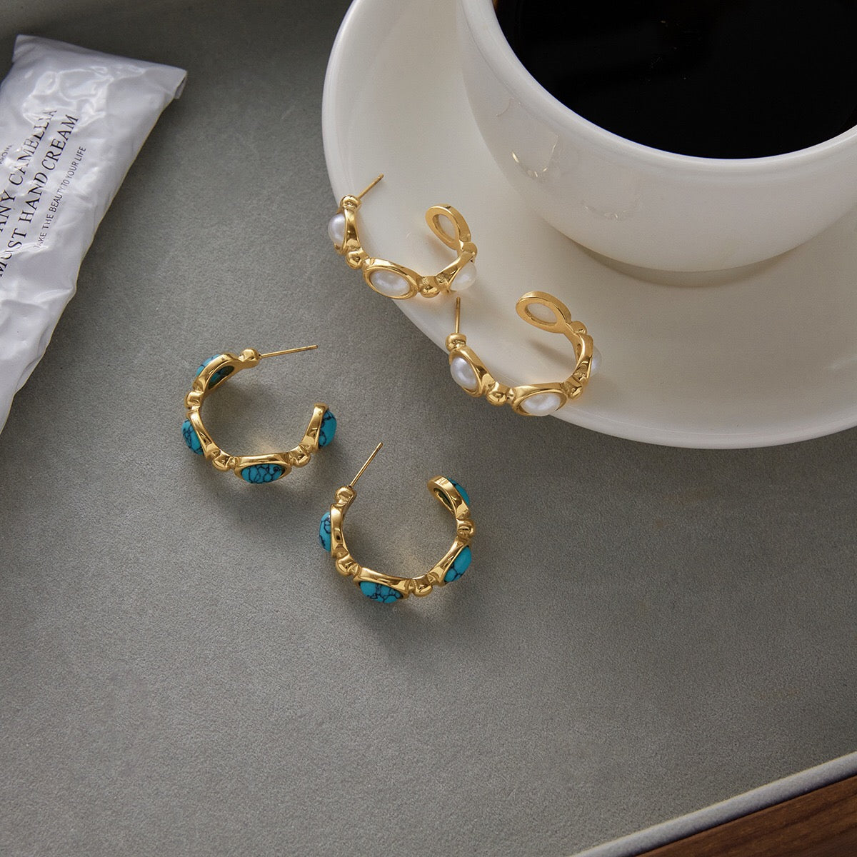 18K Gold Modern Charm Pearl Turquoise Hoop Earrings