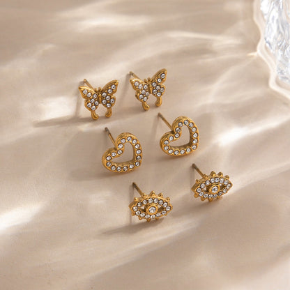 18K Gold Mini Icons Pave Heart Butterfly Cartilage Earrings Ear Studs
