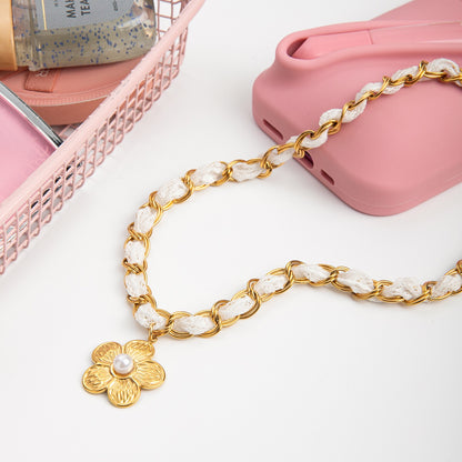 18K Gold Princess Flower Pearl Pendant Ribbon Chain Bracelet
