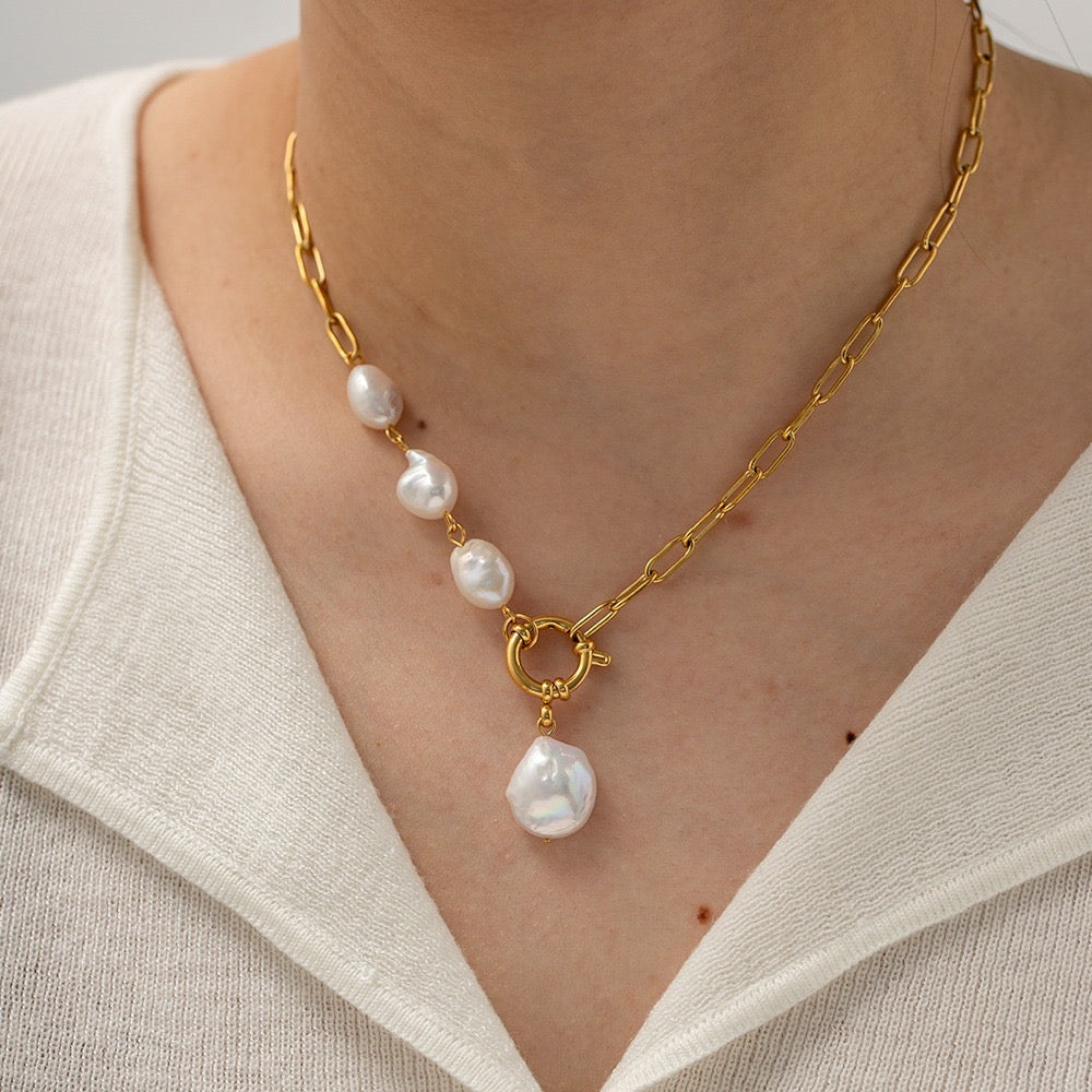 18K Gold Baroque Pearl Pendant Chunky Statement Necklace