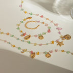 18K Gold Pastel Color Shell Starfish Beaded Charm Necklace