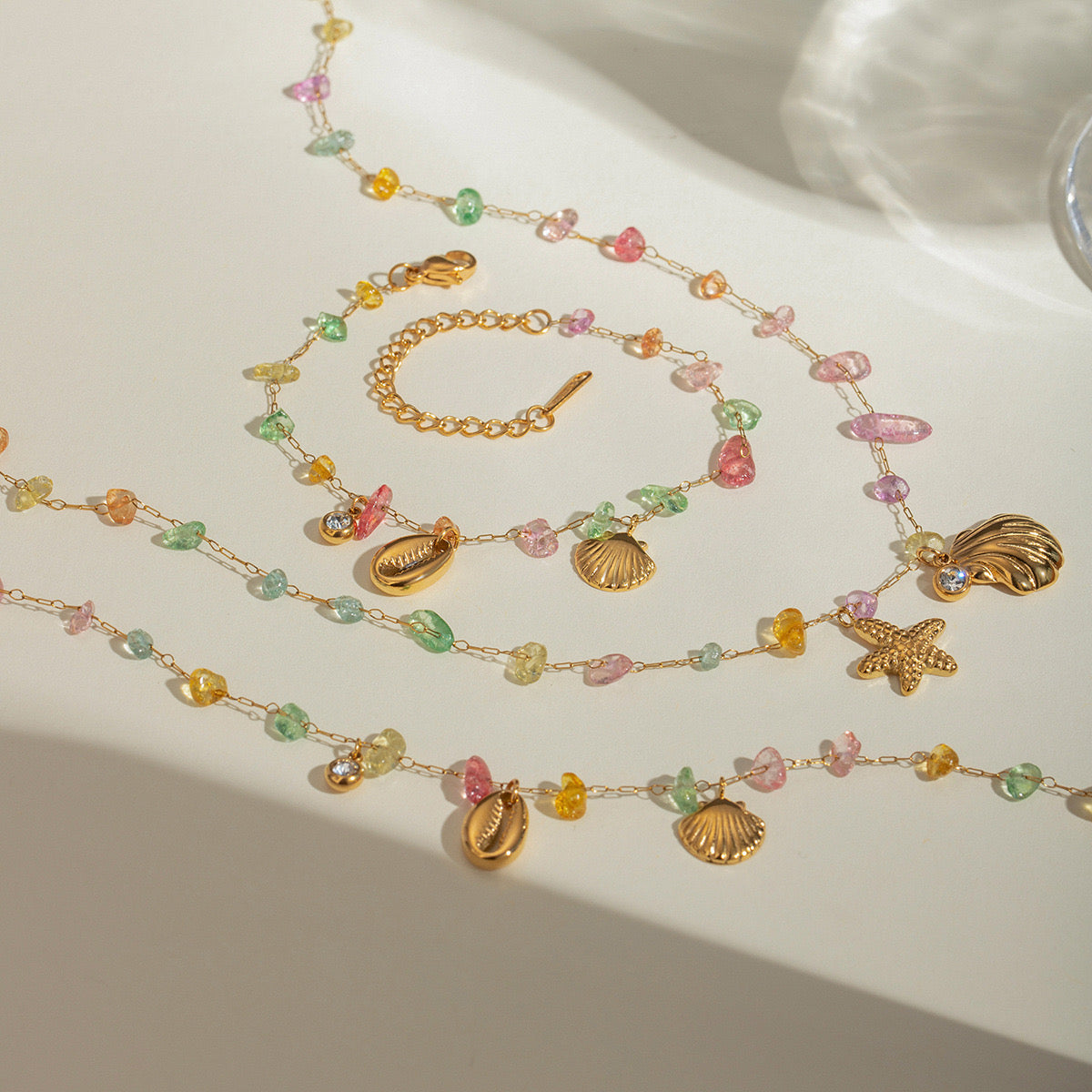 18K Gold Pastel Color Shell Starfish Beaded Charm Necklace