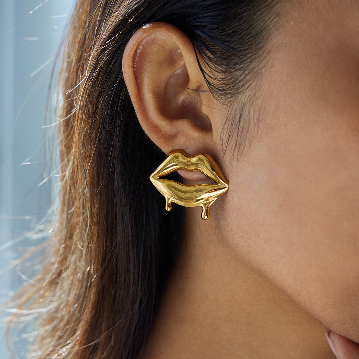 18K Gold Golden Drip Cherry Lips Star Statement Stud Earrings