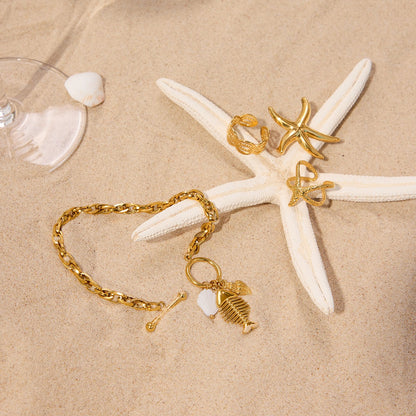 18K Gold Coastline Shell Fishbone Toggle Chain Charm Bracelet