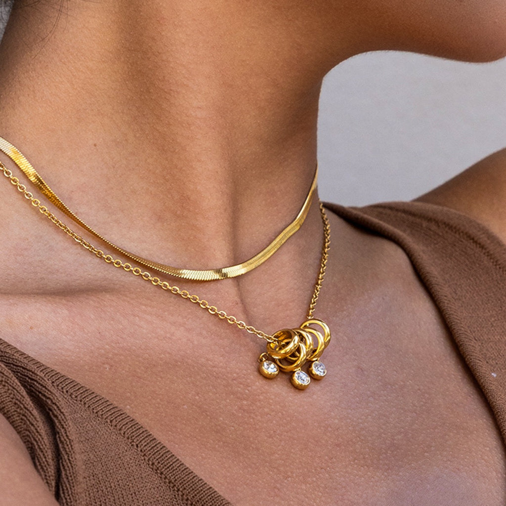 18K Gold Starry Ring Charm Pendant Herringbone Snake Chain Layered Necklace Set