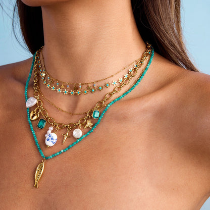 18K Gold Flower Blossom Ceramic Circle Chain Charm Necklace