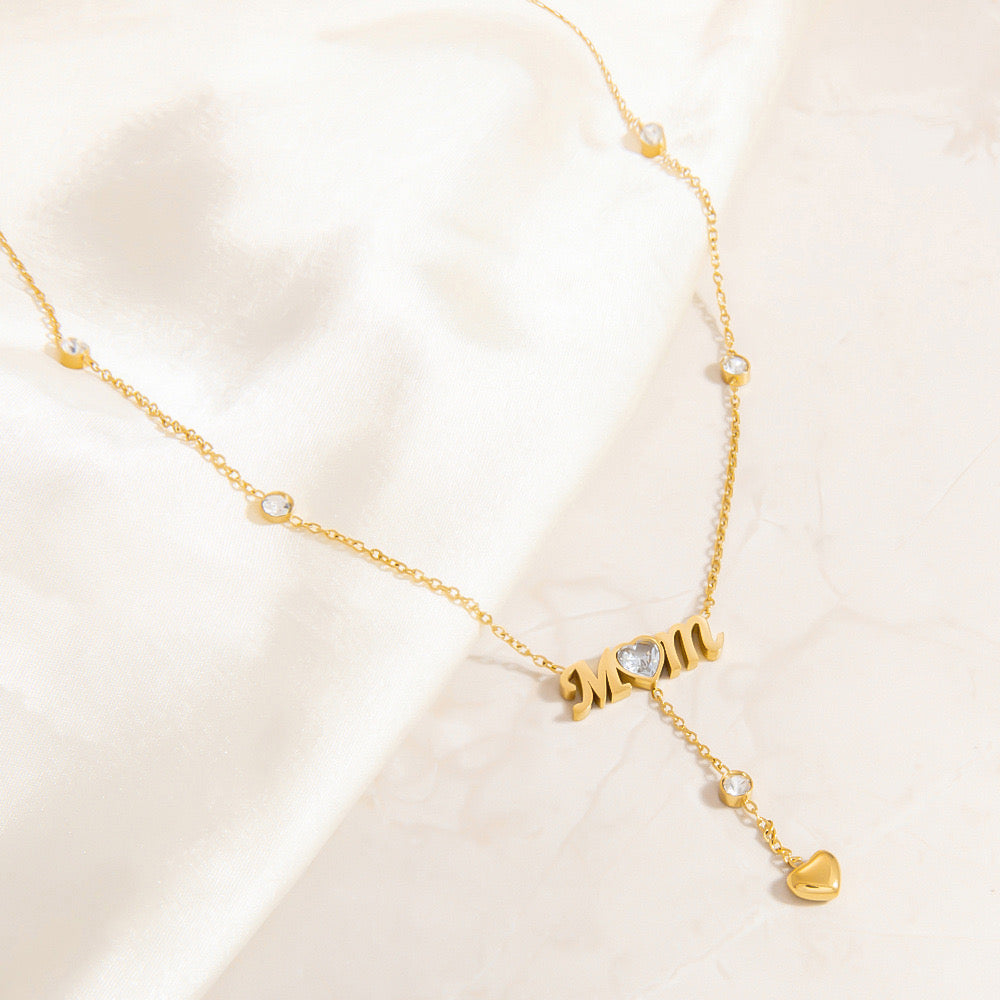 18K Gold Bling Mom CZ Lariat Necklace