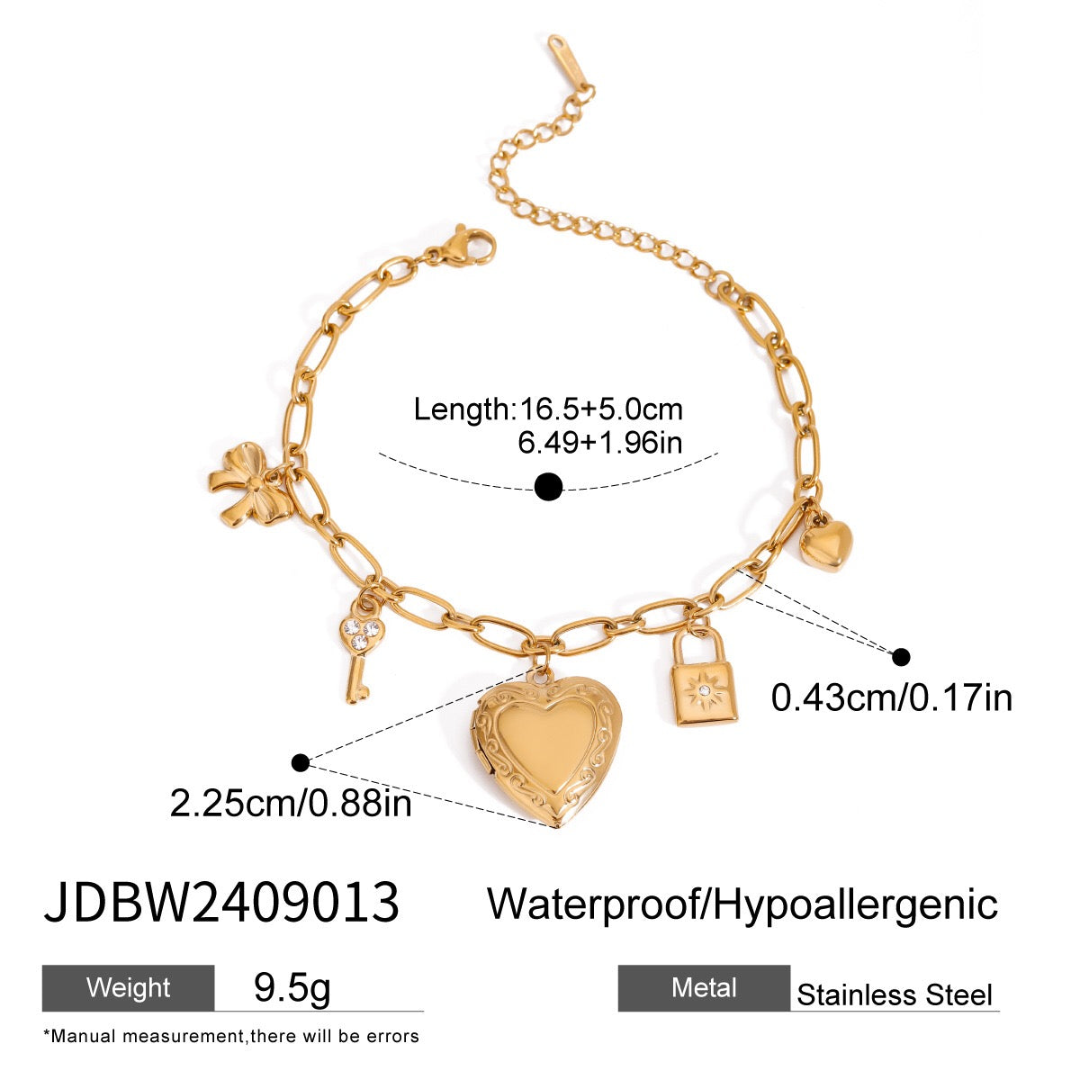 18K Gold Heart Locket Chunky Charm Bracelet
