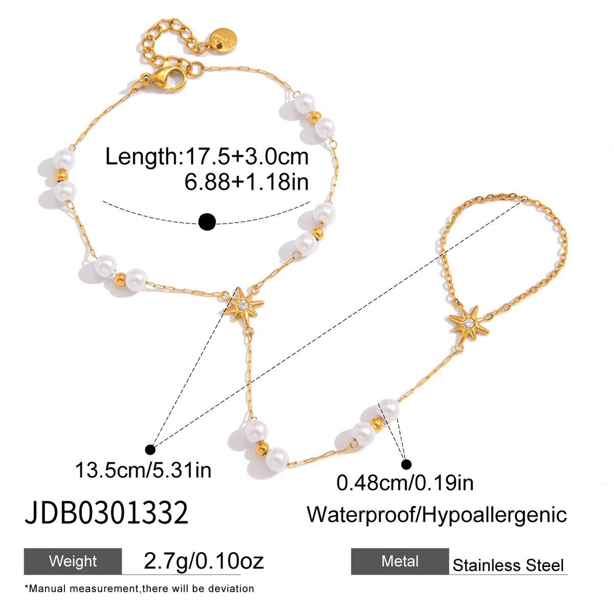 18K Gold Starlit Elegant Pearl Hand Chain Bracelet
