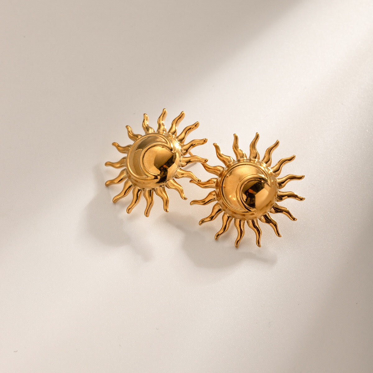 18K Gold Moon and Sun Statement Stud Earrings