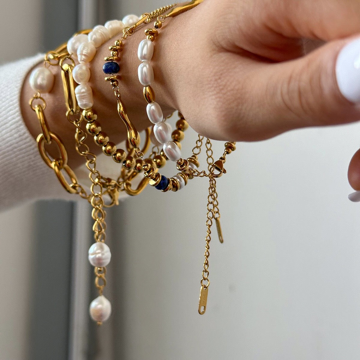 18K Gold Elegant Harmony Pearl Paperclip Chain Bracelet Stack