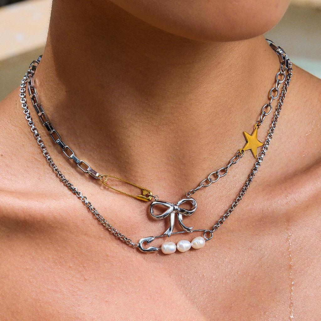 18K Gold and Silver Starry Bow Pendant Pearl Safety Pin Chain Necklace