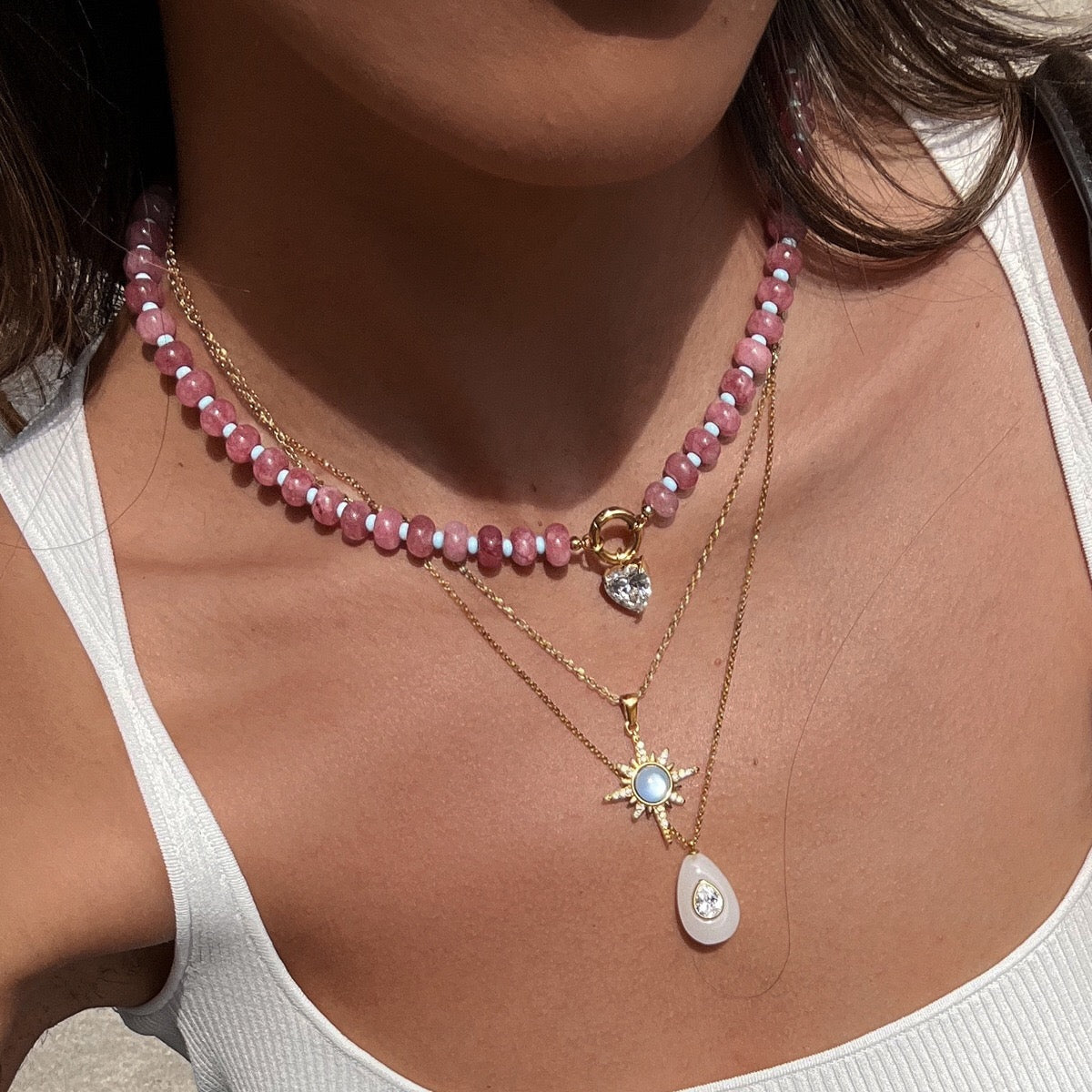 18K Gold Color Therapy Beaded Pendant Necklace