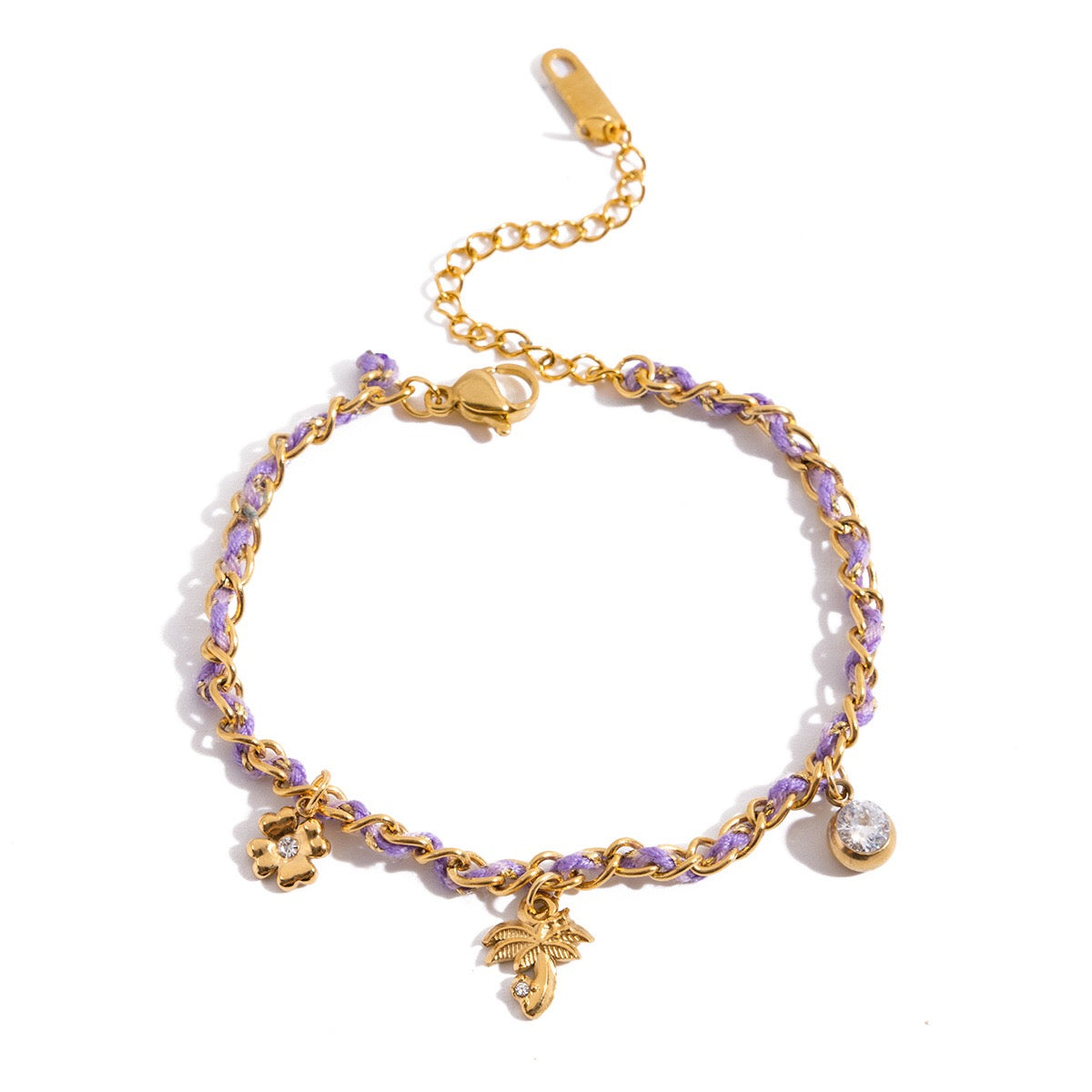 18K Gold Palm Tree Charm Purple Chain Wristband Bracelet Stack