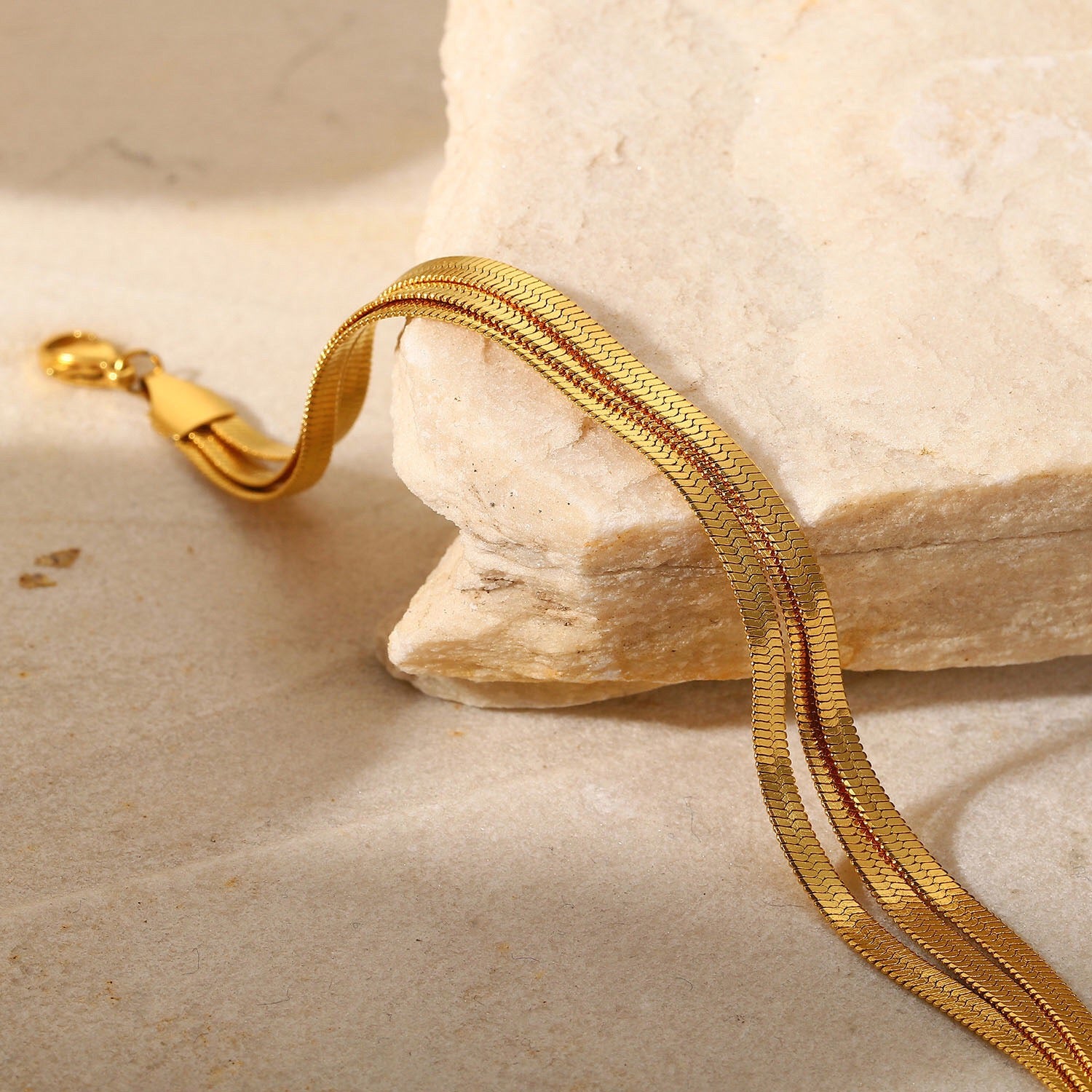 18K Gold Herringbone Snake Triple Chain Bracelet Stack