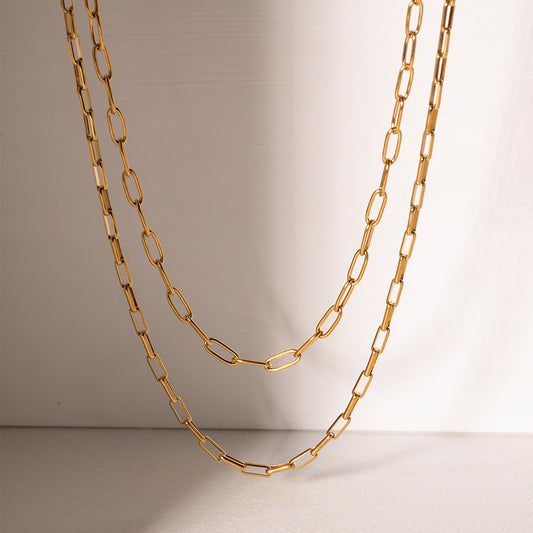 18K Gold Paperclip Double Chain Layered Necklace