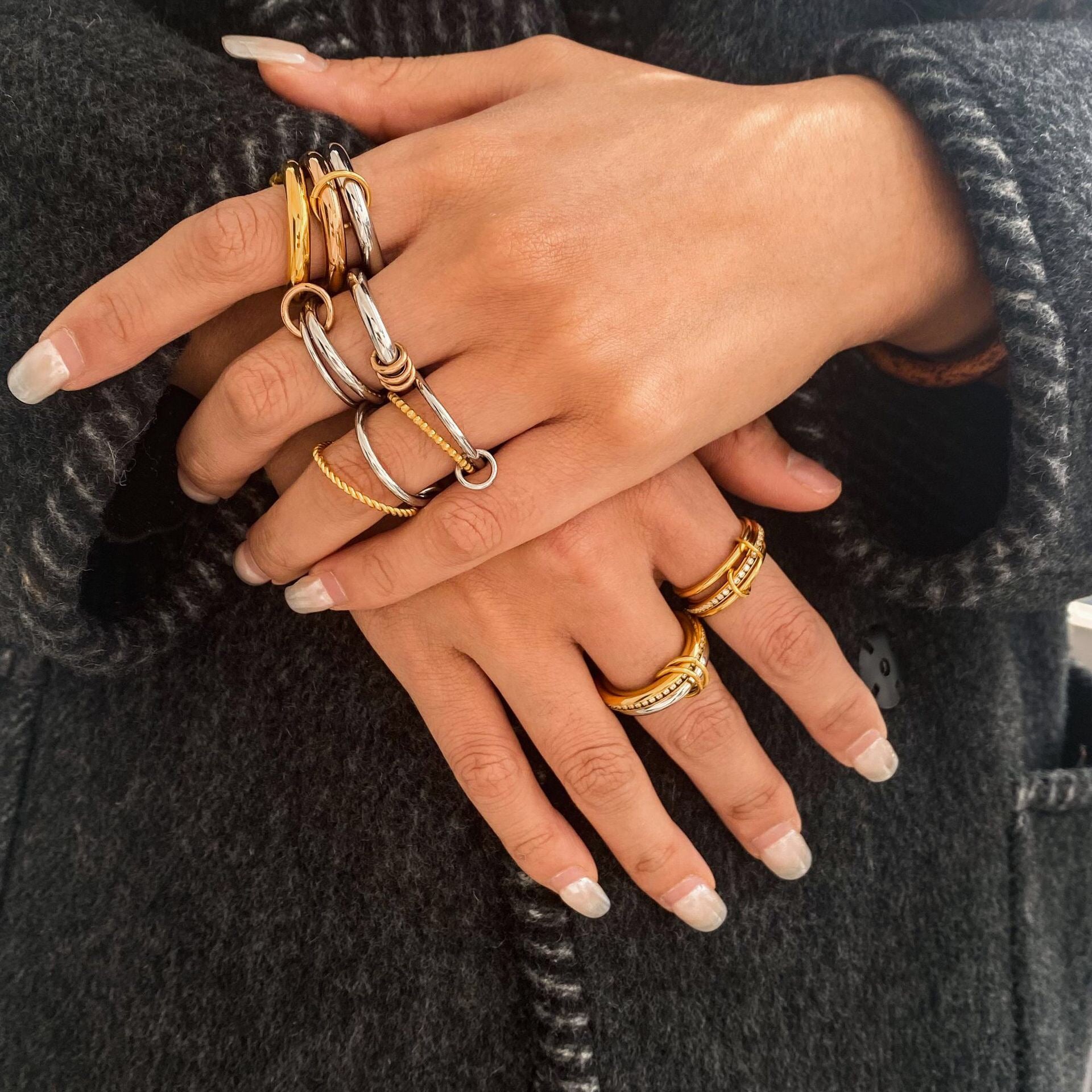 18K Gold and Silver Two Tone Pave Multi Layers Spinelli Stacking Rings