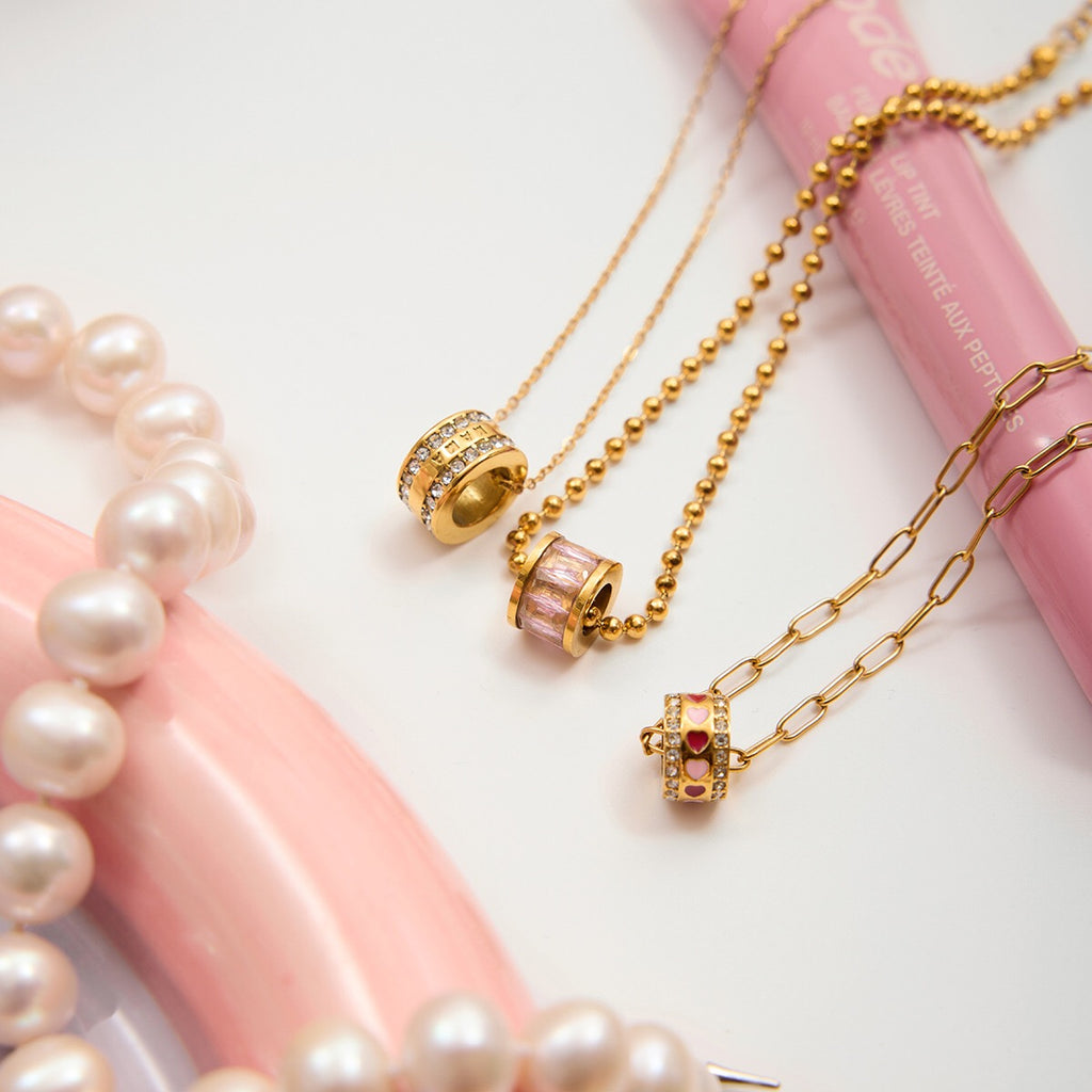 18K Gold Pink Heart Mama Bling Ring Dainty Pendant Necklace