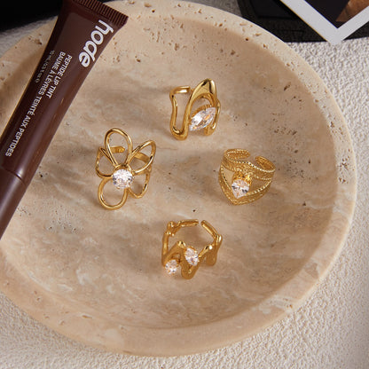 18K Gold Daily Glam Flower Heart CZ Statement Rings Set