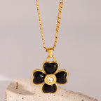 18K Gold Black Heart Clover CZ Pendant Figaro Chain Statement Necklace